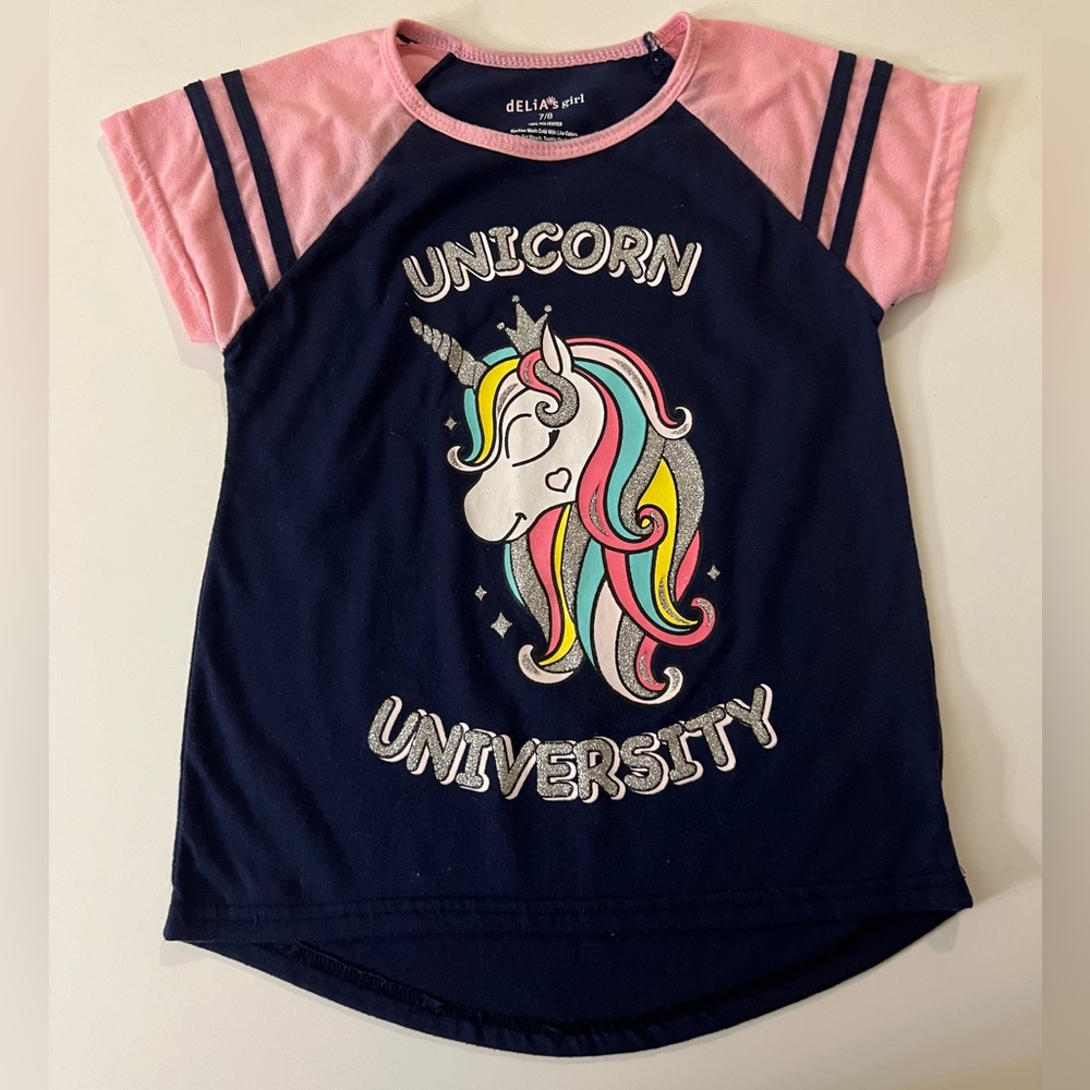 Delia' Girl Unicorn University Graphic Blue & Pink Raglan Short Sleeve Tee